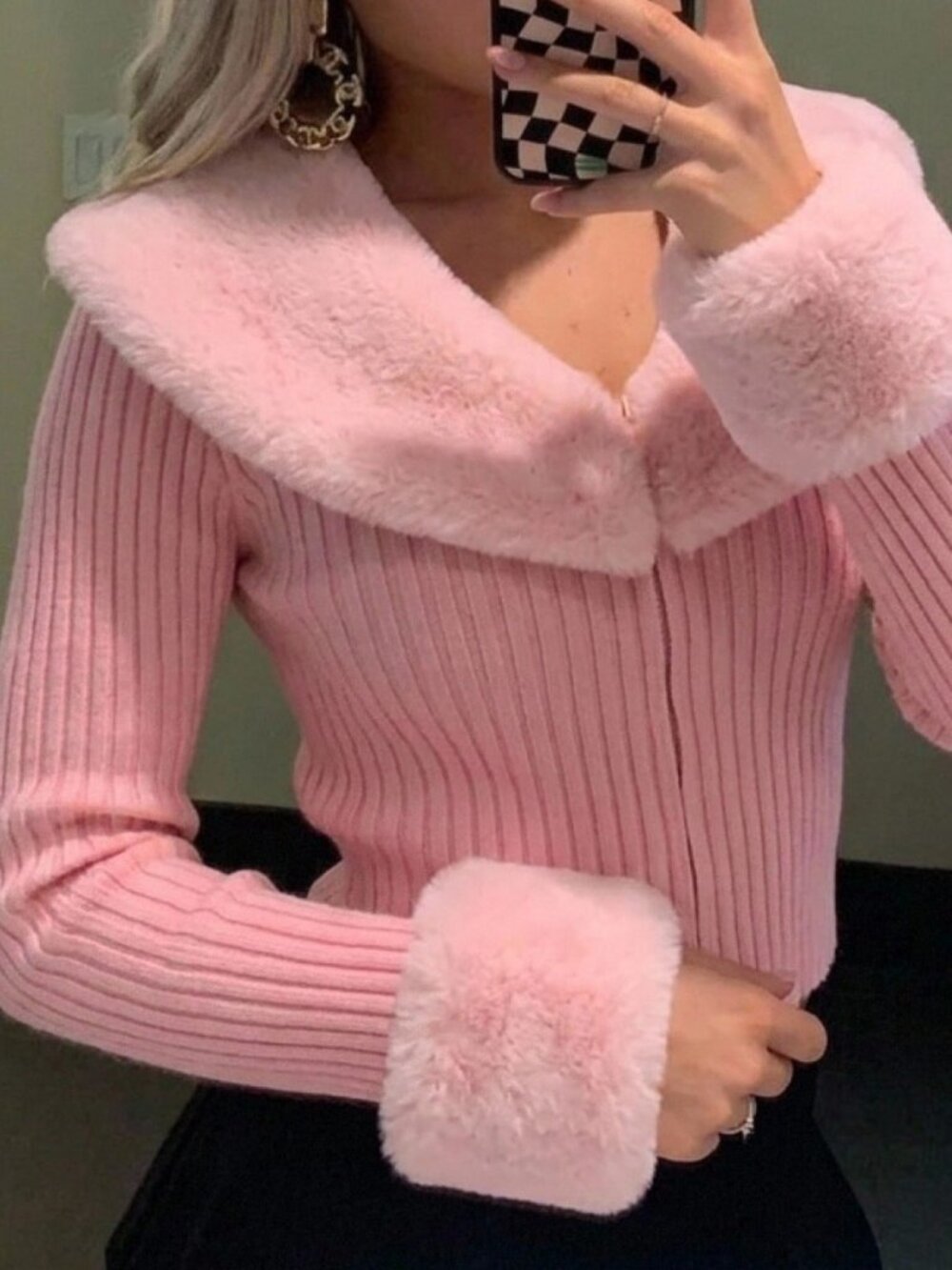 Pink Casual Women's Fur Collar Long Sleeve Zipper Front Knit Cardigan